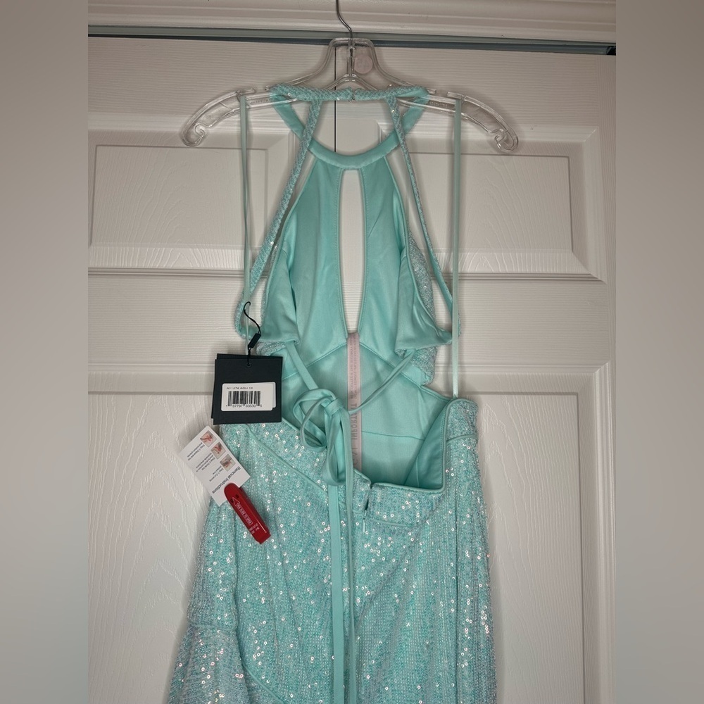 Mac Duggal NWT Blue Sequined Halter Ruffle Asymmetrical Dress Style #A11274 - Picture 8 of 12
